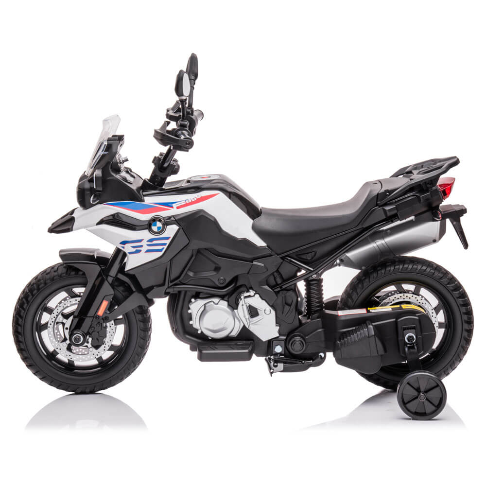 Motocicleta electrica pentru copii BMW F850GS COCO TOYS alba doua motoare electrice 12 V Volti
